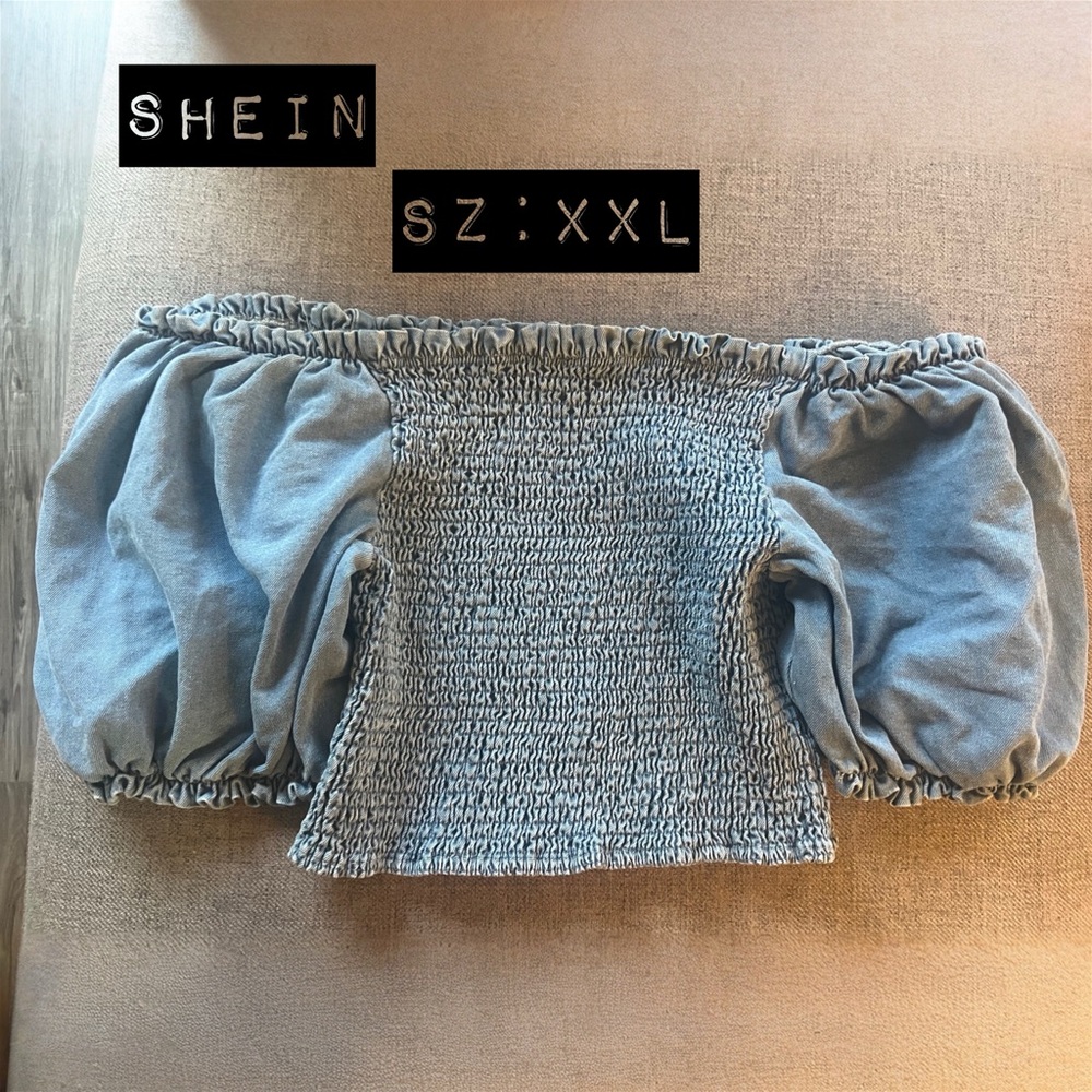 SHEIN CURVE Denim Smocked Off Shoulder Puff Sleeve Crop Top Plus Size 2XL